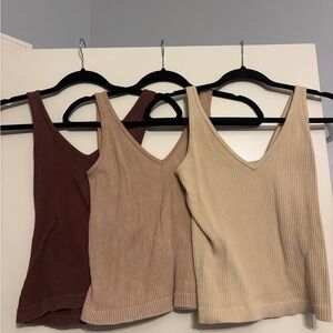 Aura Ribbed V-Neck Tank Tops - Brown, Tan, Cream